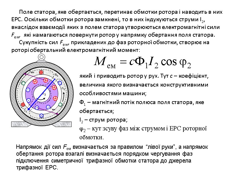 Поле статора, яке обертається, перетинає обмотки ротора і наводить в них ЕРС. Оскільки обмотки